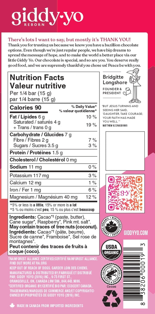 Giddy Yo Organic 76% Dark Chocolate Bar Raspberry